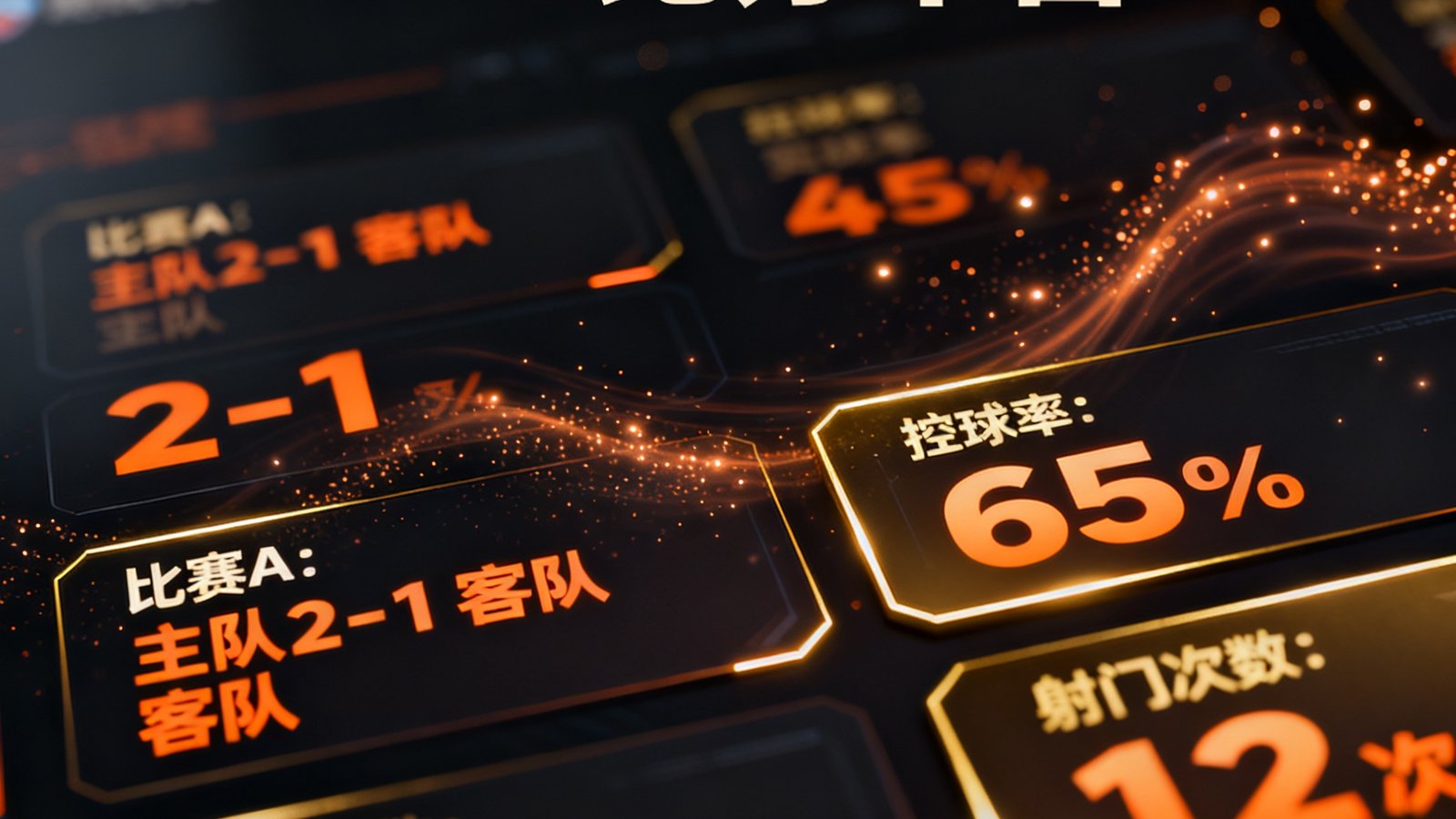 500比分平台的数据大屏界面，展示多场足球比赛实时比分、控球率、射门次数等动态数据，屏幕以深色主题呈现，数据以橙色和金色高亮标注，背景有微光粒子效果。